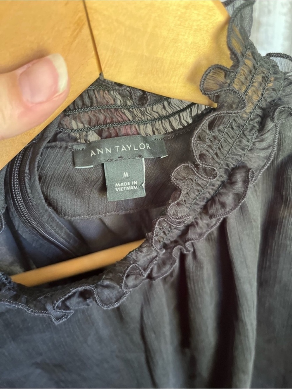 Ann Taylor Sheer Black Ruffle Blouse Romantic Boho Long Sleeve High Neck Top M - Picture 6 of 6